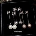 Crystal Bow Chain Earrings With Pearl Drops in Three Colors view 1