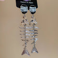 Silver Fish Skeleton Drop Earrings With Black Striped Tops view 1