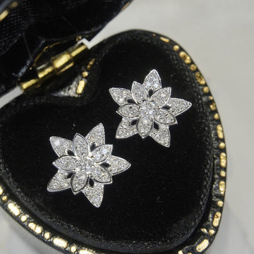 Silver Six Petal Flower Clear Pave Stud Earrings Pair