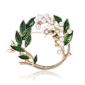 Gold Tone Green Enamel Leaf Wreath Pearl Flower Brooch view 5