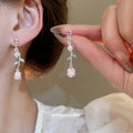 Pink Rose and Green Leaf Drop Earrings with Pearl Accents view 2