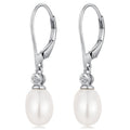 Silver Tone Oval Pearl Lever Back Drop Earrings CZ Accent view 1