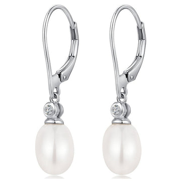 Silver Tone Oval Pearl Lever Back Drop Earrings CZ Accent