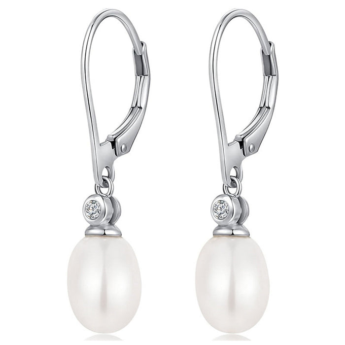 Silver Tone Oval Pearl Lever Back Drop Earrings CZ Accent