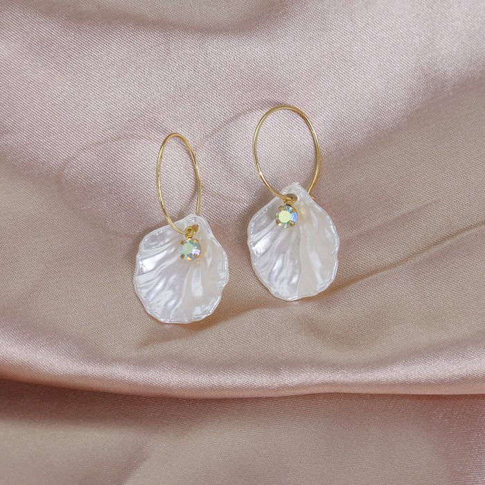 Gold Hoop White Shell Drop Earrings with Crystal Accent