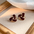 Wine Red Enamel Geometric Flower Stud Earrings Gold Outline view 3