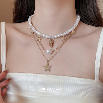 Pearl Starfish Shell Layered Beach Necklace Three Piece Set