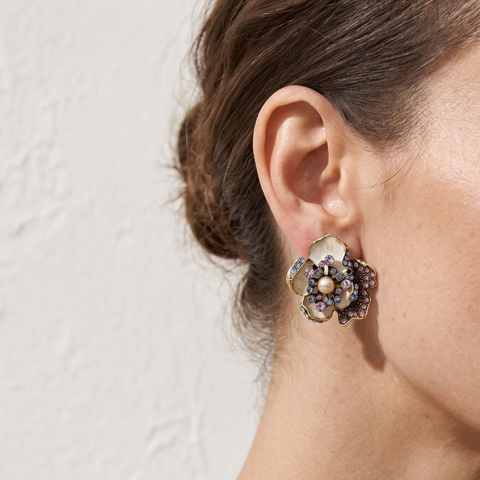 Antique Tone Layered Flower and Bead Stud Earrings