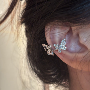 Silver Double Butterfly Crystal Ear Cuff Pendant Jewelry