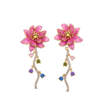 Pink Lotus Flower Asymmetric Drop Earrings in Gold Tone