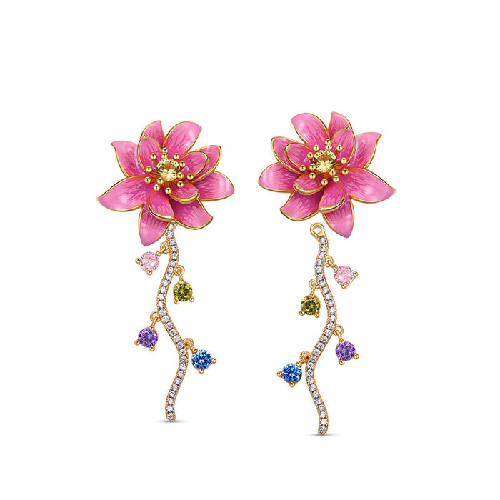 Pink Lotus Flower Asymmetric Drop Earrings in Gold Tone