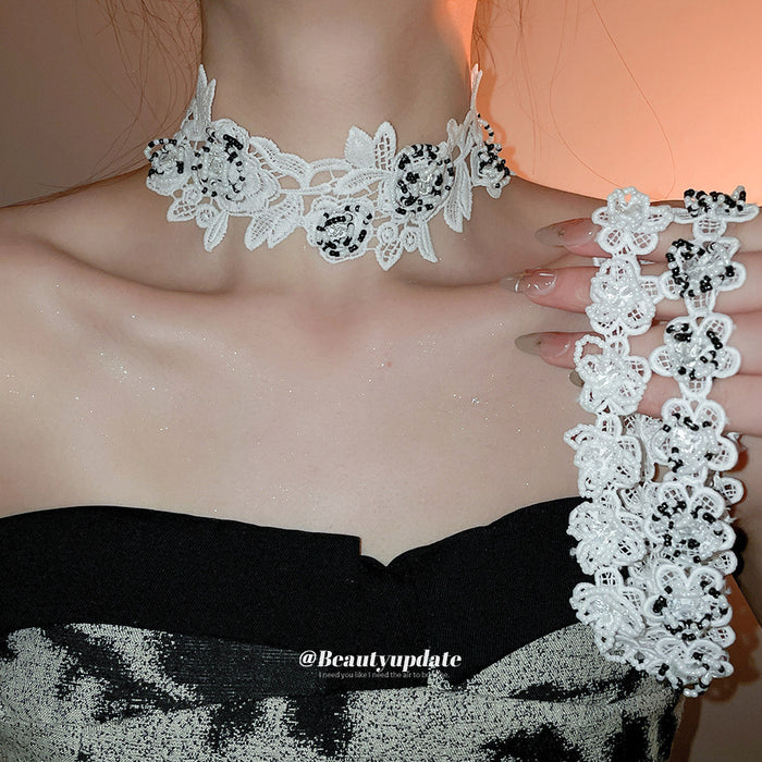 Floral Lace Choker Necklace With Crystal Details Beaded Jewelry