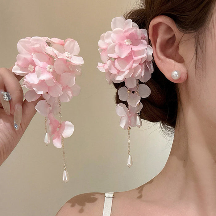 Pink Fabric Hydrangea Duckbill Hair Clip Pearl Drop Chains