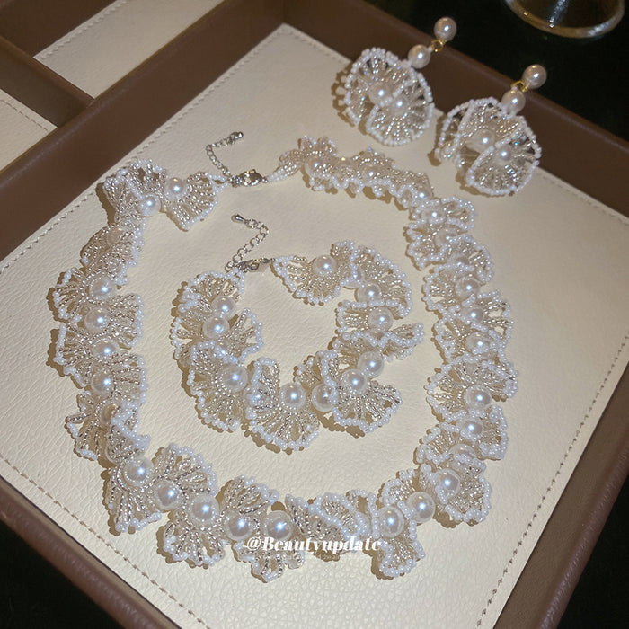Beaded Fan Pearl Necklace Bracelet And Drop Earrings