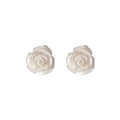 White Pearlized Rose Flower Stud Earrings Carved Bloom Design view 5