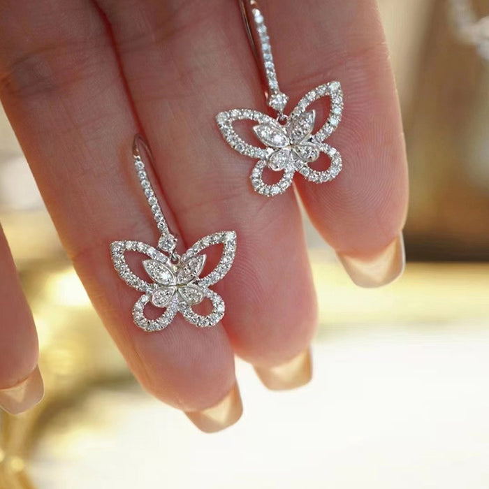Pave Butterfly Threader Long Drop Earrings In Silver Tone