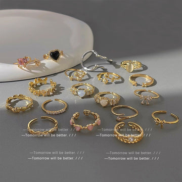 Gold-Tone Open Adjustable Heart Bow CZ Fashion Rings Set