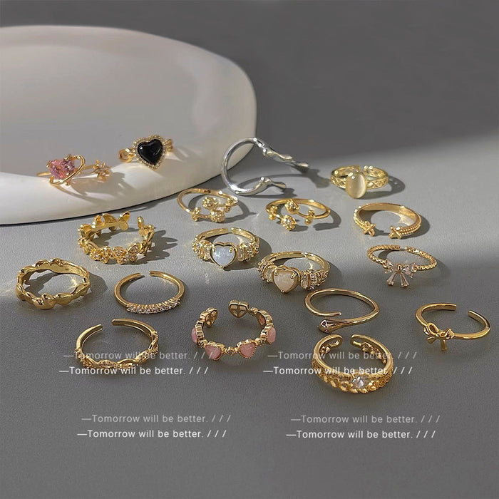 Gold-Tone Open Adjustable Heart Bow CZ Fashion Rings Set
