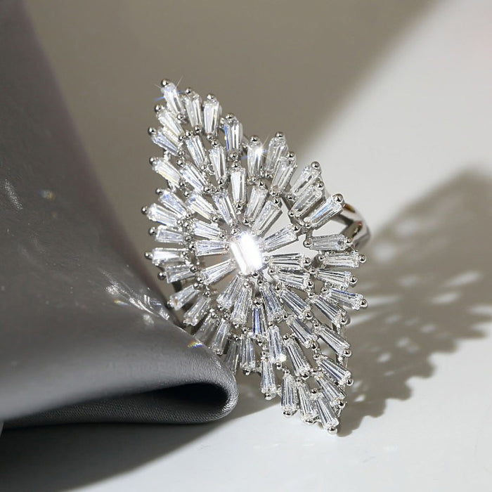 Baguette Sunburst Marquise Statement Ring In Silver Tone