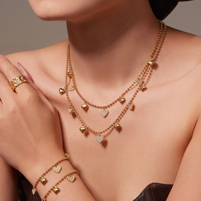 Heart Zircon Ball Chain Necklace Bracelet Earring Set
