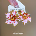 Pink Enamel Lily Flower Stud Earrings With Gold Trim view 2