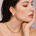 Rectangular Scroll Enamel Stud Earrings Gold And Silver Steel Tone view 3