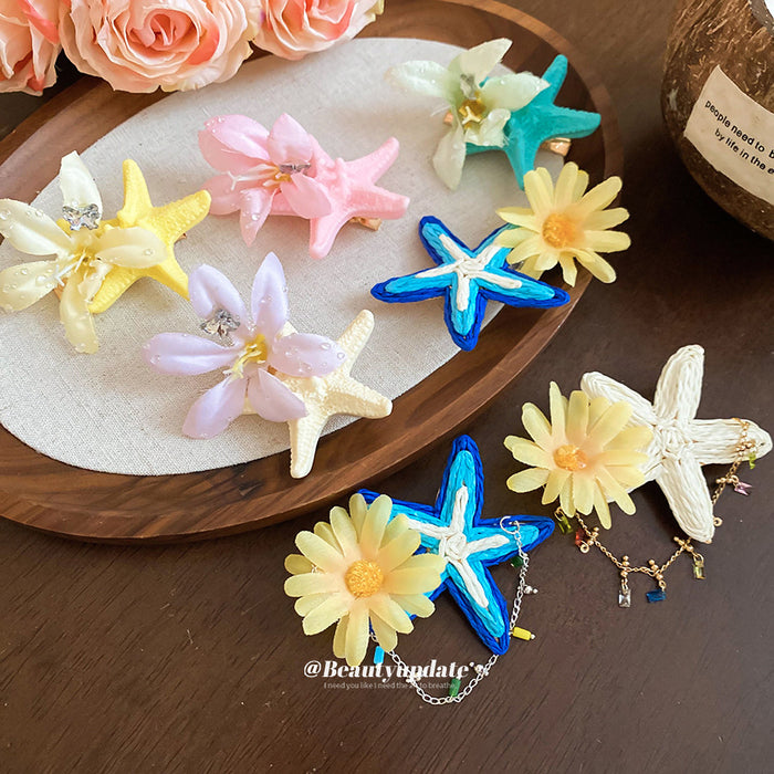 Fabric Lily Starfish Duckbill Hair Clips Green Yellow Pink