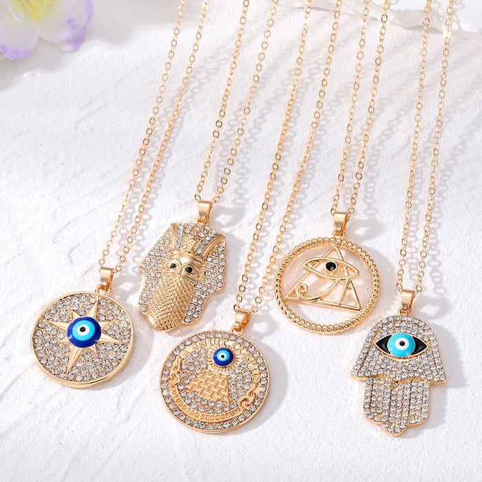 Gold Tone Crystal Egyptian and Hamsa Evil Eye Pendant Necklaces