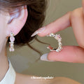 Silver Tone Pink Crystal Hoop Earrings With Decorative Details view 2