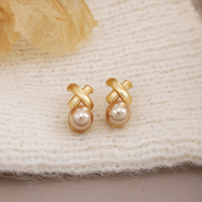 Crossed Gold Ribbon Champagne Pearl Look Stud Earrings