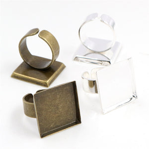 Adjustable Square Bezel Ring Blank, Antique Bronze or Silver