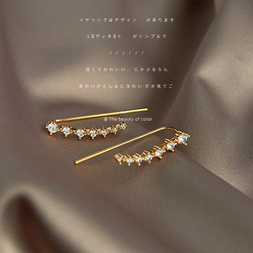 Gold Tone Long Bar Clear Stone Star Flower Ear Climber Stud Earrings