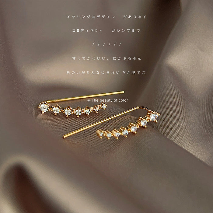 Gold Tone Long Bar Clear Stone Star Flower Ear Climber Stud Earrings
