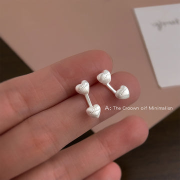 Brushed Silver Double Heart Front Back Stud Earrings