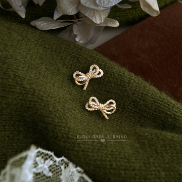 Gold Tone Double Layer Bow Clear CZ Pave Stud Earrings