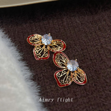 Gold Filigree Burgundy Enamel Flower Stud Clear Zircon
