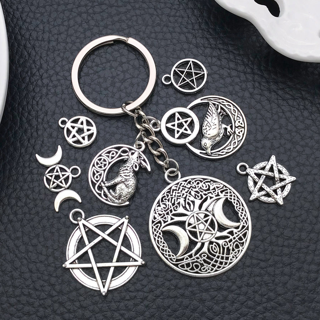 Antique Silver Zinc Alloy Pentagram Wolf Owl Hollow Star Cat Charm Pendant for DIY Necklace