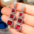 Three-Tier Square Halo Long Drop Earrings In Four Stone Colors view 3