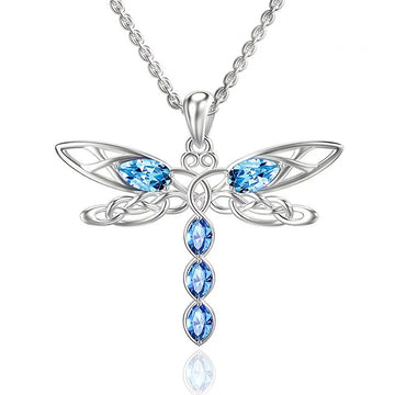 Blue Marquise Stone Dragonfly Pendant Necklace Silver Tone
