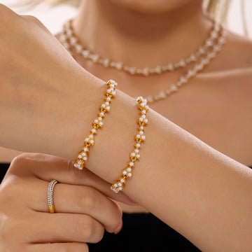 Shell Pearl Clover Link Necklace Bracelet Gold Steel Styles