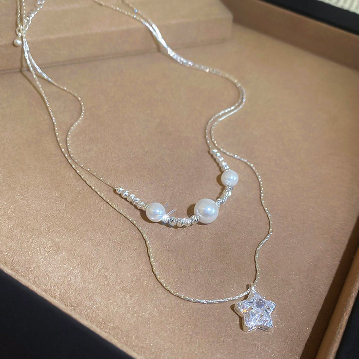 Layered Star Pendant Necklace with Pearl Strand Options