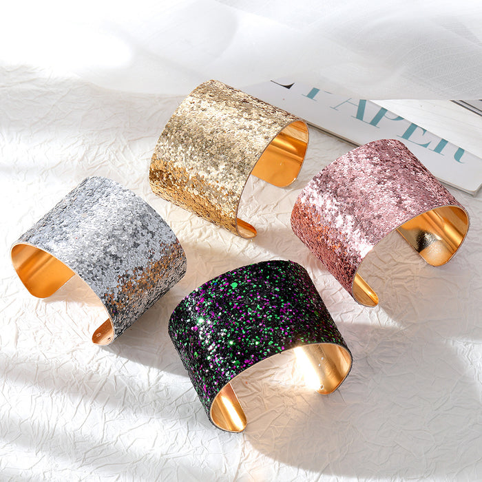 Gold Tone Wide Glitter Adjustable Cuff Bracelets in Four Colors