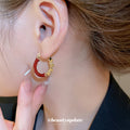Gold Tone Red Enamel Floral Hoop Earrings Jewelry Pair view 3