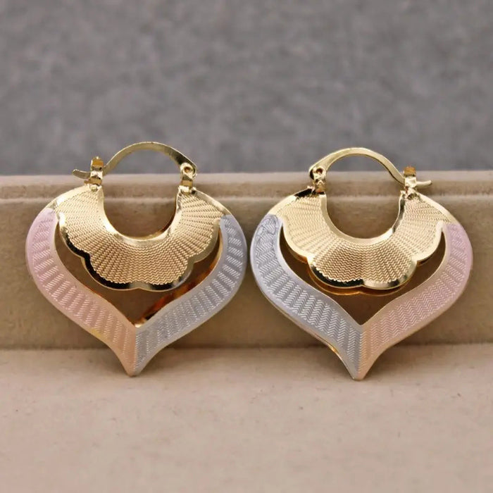 Gold Tone Layered Heart Huggie Earrings with Pastel Enamel