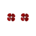 Glossy Red Flower Stud Earrings With White Pearl Centers view 5