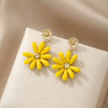 Yellow Daisy Flower Gold Tone Long Dangle Stud Earrings view 6