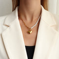 Pearl Half Paperclip Chain Necklace Gold Heart Pendant view 1