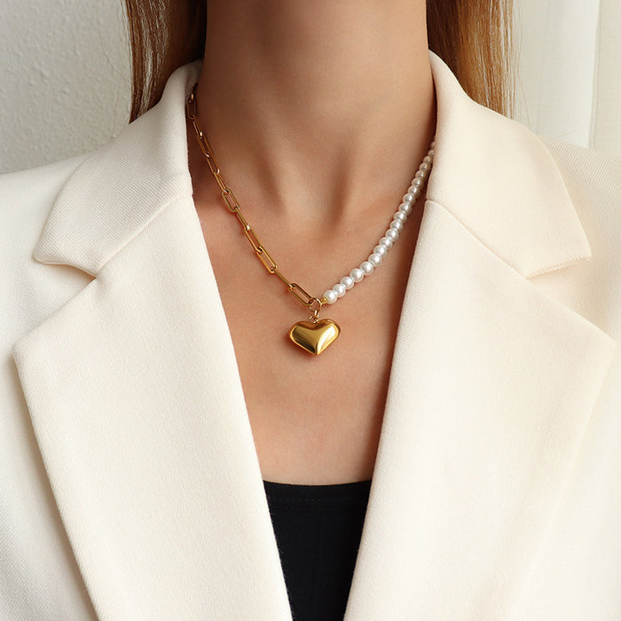 Pearl Half Paperclip Chain Necklace Gold Heart Pendant