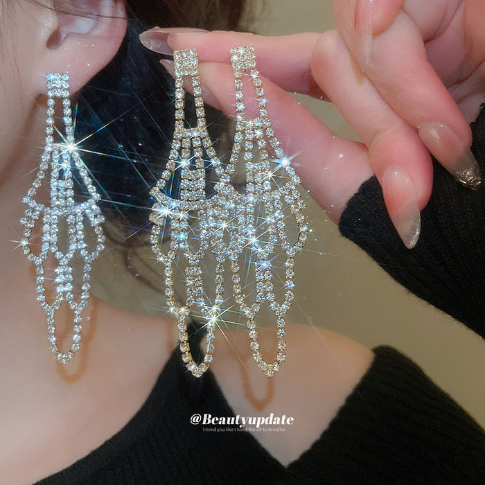 Silver Tone Openwork Crystal Chandelier Earrings Decorative Jewelry