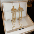 Gold Crystal Dome Chain Tassel Hook Earrings Polished Metal Jewelry view 6